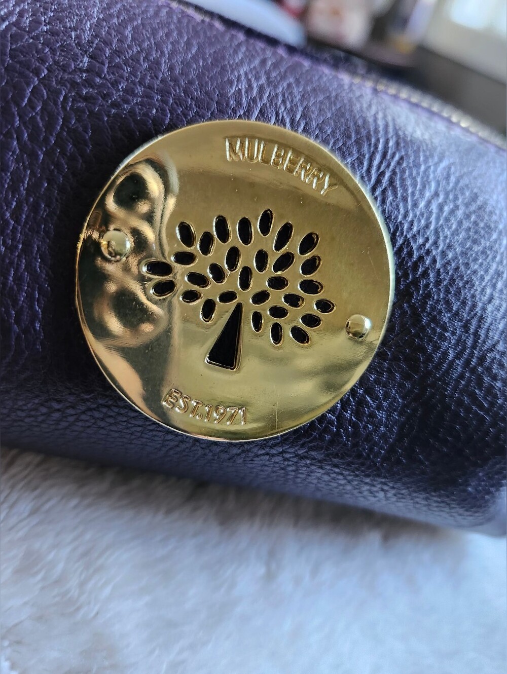 Like New, Mulberry Daria Deep Plum Leather Zip Pouch with Gold Tree Medallion.